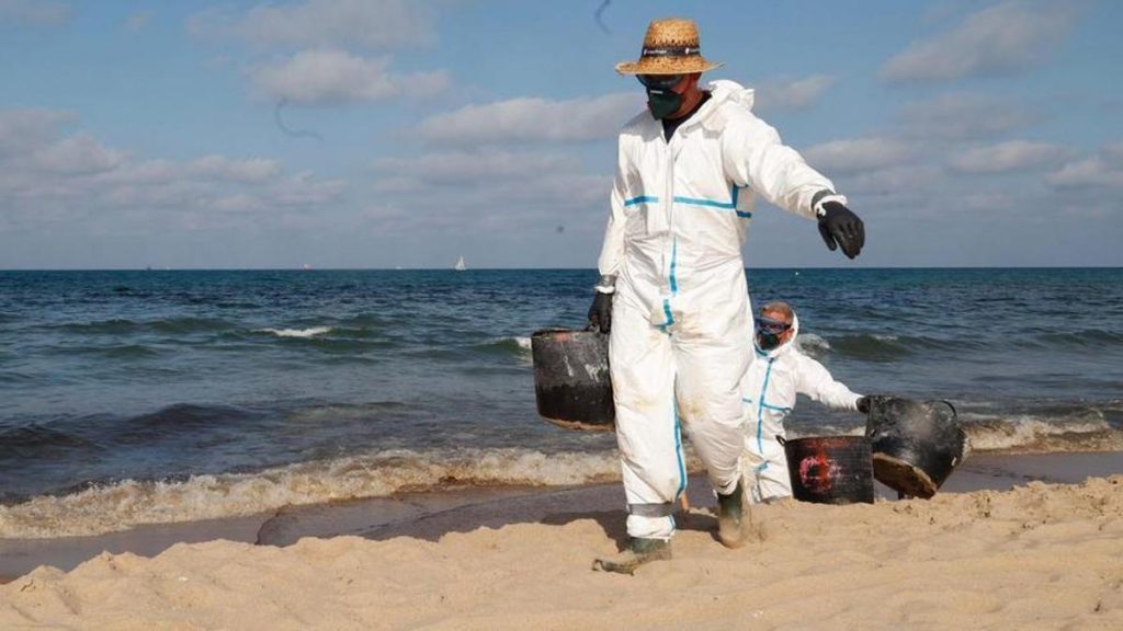 Limpian manualmente el vertido de la playa de Valencia, de 2 km de longitud y 2 m de ancho