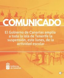 El Gobierno de Canarias amplía a toda la isla de Tenerife la suspensión, este lunes, de la actividad escolar